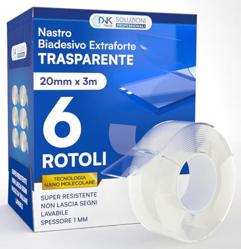 DNK TRADE Doppelseitiges Klebeband, extra stark, transparent & waschbar, 6 Rollen à 3 Meter, insgesamt 18 Meter
