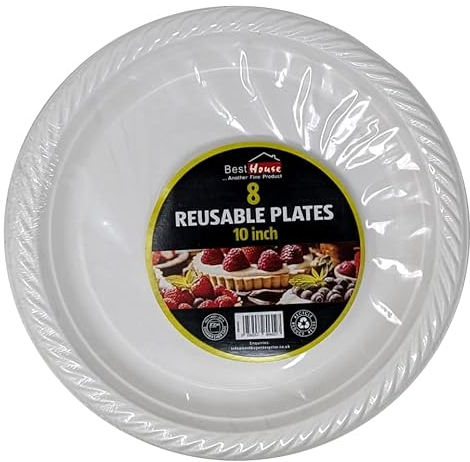 Best House 10 inch White Plastic Plates Reusable Heavy Duty Lunch & Dinner Plate for Parties Weddings & Events (Pack of 8)