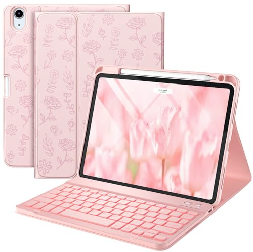 Harvopu Compatibile con iPad Air 11 M2/10.9 Air 5a quarta generazione - Custodia a portafoglio rimovibile retroilluminata con portamatite per iPad Air 11 2024/Air 5/Air 4 (rosa floreale)
