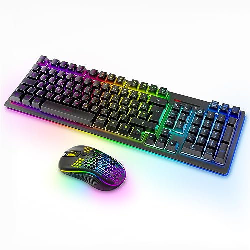 MOOJAY Ensemble Clavier et Souris Gamer sans Fil RGB Rétroéclairés, Rechargeable 2,4 G Clavier de Jeu sans Fil avec Ensemble Souris Ergonomique Filaire Double Mode, pour PC/Laptop/Windows/Mac/ – Noir