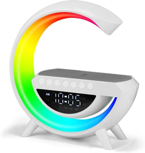 Taylor & Brown Night Light Lamp Wireless Charger, Bluetooth Speaker Alarm Clock, G-Shaped Bedroom Bedside Mood Atmosphere Lamp, Dimmable LED Table Lamp Alarm Clock, Birthday Gift for Girls Boys