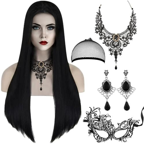 Wednesday Perücke 5 Stück, Perücke Schwarz Lang mit Gotische Halskette, Ohrringe und Schwarz Augenmaske, Wednesday Kostüm Damen, für Cosplay Karneval Halloween Party