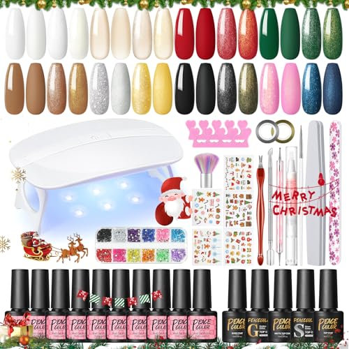 PEACECOLOR 33PCS Gel Nail Kit with Lamp Starter Kit 10 Colours Red Green Gel Polish with Glossy Glitter Matte Top Coat Base Coat Basic Manicure Tools Nail Kit Full Set for Gift