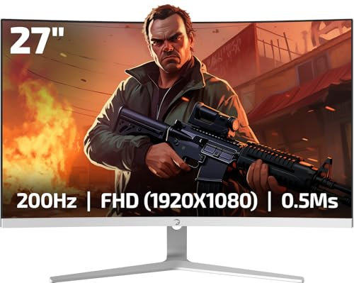 GAMEPOWER Vivid T50 weiß Curved Gaming Monitor, 27 Zoll, 200Hz, Full HD 1080P VA Gebogen Display, 0,5ms HDR, Rahmenloser PC Bildschirm mit FreeSync & G-Sync, 125% sRGB, Integrierte Lautsprecher