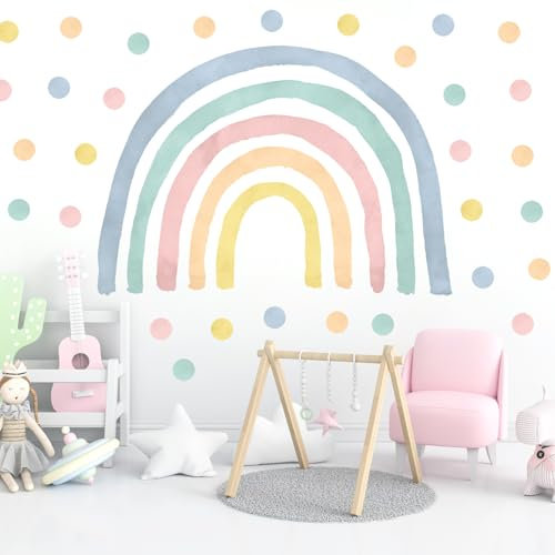 Wally Fox - Wandtattoo Kinderzimmer - Kinderzimmer Deko - Wandtattoo Kinderzimmer Mädchen - Wanddeko, Wandsticker Punkte, Kreise - Pastell-Regenbogen M+50 Stück Punkte/Tupfen
