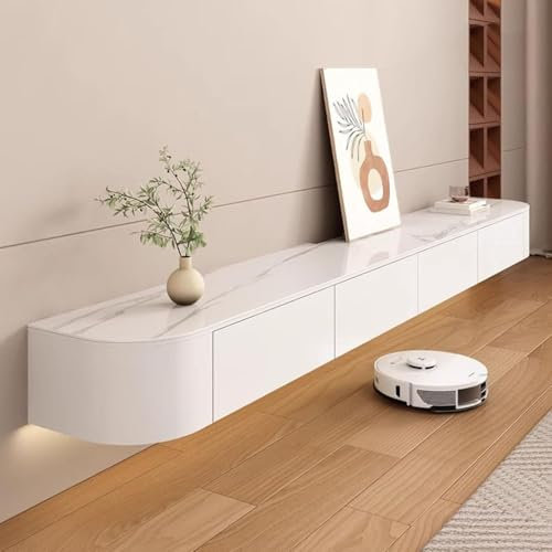 Easnuroz Meuble TV suspendu en bois massif avec 2 armoires, centre de divertissement, console multimédia pour salon et bureau (blanc-B, 160 cm)