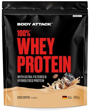 Body Attack 100% Whey Protein - Iced Coffee - 900 g - Made in Germany - Extra cremiges Eiweißpulver mit Hydrolysat & BCAA´s, unterstützt Muskelaufbau und Diäten - Für Sportler & Athleten