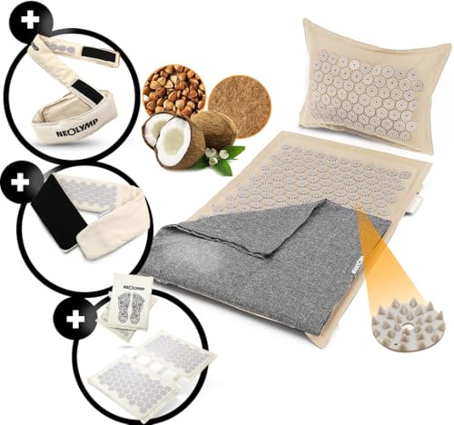 NEOLYMP Akupressur-Set mit Akupressurmatte, Akupressur Fußmatte, Akupressur Gürtel und Akupressur Stirnband - gefüllt mit Kokosfasern und Buchweizen - Videoanleitungen (beige)