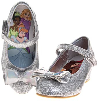 Disney Mary Jane Girls Flat Strap Bowknot Princess Costume Caucasian School Party Slip On Toddler Shoes, silver glitter princess, 12 Little Kid