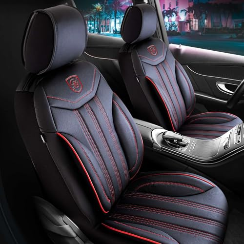 GIOVANNI BUTTI Autositzbezüge Universal für PKW & SUV – Premium Vordersitze Auto Sitzbezug aus Leder, Schwarz-Rot, Airbag-Kompatibel Sitzauflage, Autoschonbezug, Komplett-Set inkl. Montageset