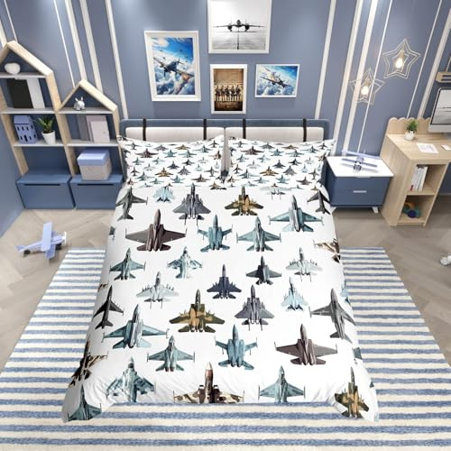 Homewish Bettbezug für Jungen, Kampfflugzeug, Bettwäsche 140 x 200 cm, für Kinder, bedruckt, Militär-Tarnmuster, Bettwäsche-Set, Armeeflugzeug, moderne Tagesdecke, Weiß