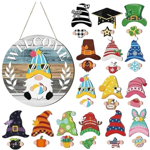 Halloween Wichtel austauschbares Willkommensschild Dekor – 30 Stück saisonales Holzschild mit Magnetstücken und abnehmbaren Hüten, DIY-Dekoration für Haustür, Veranda, Wanddekoration, 30 cm (B)