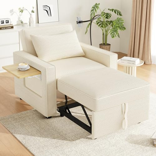 DRIXNO Multifunktionales Faltbares Schlafsofa mit USB-Ladeanschluss und Handyhalter, 1-Sitzer Relaxsessel Sofa Bett umwandelbar, Platzsparend für Wohnzimmer und Schlafzimmer, Cord Stoff, Beige