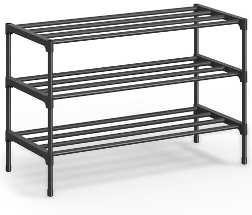SONGMICS Schuhregal, 3 Ebenen, Metall, stapelbar, 62,3 x 30 x 55 cm | Schuhablage schmal, Schuh-Organizer, platzsparend, Flur, Wohnzimmer, Kleiderschrank, schwarz, DEKY Kollektion LSA123BH01