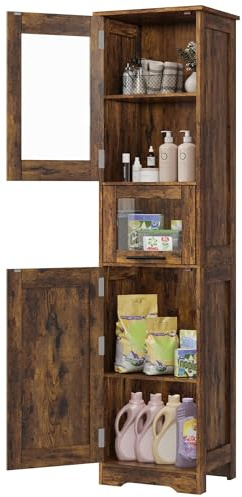 Zstar Mueble Alto De 170 Cm, Estante De Madera con Puerta De Cristal, Organizador Independiente con Estantes Regulables, 1 Cajón Transparente para Baño, Cocina y Salón, Retro.