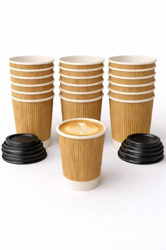 Elite® 8oz Brown Ripple Wall Coffee Cups with Lids (Black or White) – Insulated Disposable Hot Drink Cups – 50, 100, 150, 200, 500 & 1000 Pack (Black Lids, 200)
