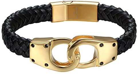 OIDEA Herren Armband, Geflochten Punk Rock Handschellen Handcuffs Anhänger Lederarmband Armreif Lederband mit Magnet Verschluss, Schwarz Gold
