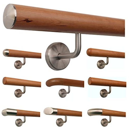 TIBU Kirschbaum Holz Handlauf Geländer 0,3m - 5m, Länge 120 cm, Ende leicht gewölbte Edelstahlkappe und 2 gewinkelte Halter