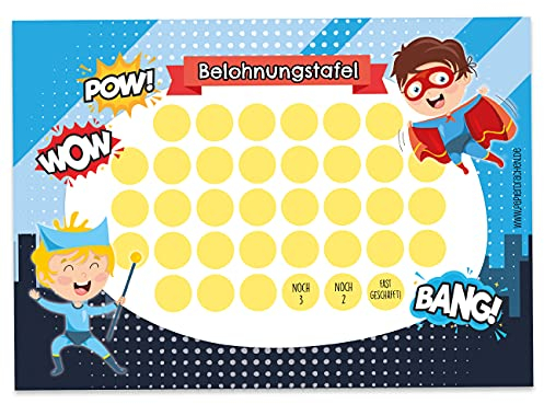Papierdrachen Belohnungstafel Set für Kinder als Abreißblock 10 Blatt - Motivierendes Konzept als Erziehungshilfe - mit tollen Stickern für Jungs und Mädchen - Motiv Superhelden Jungs Set 9