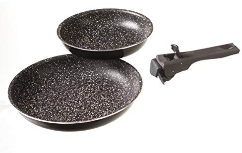 UNIVERSDECOR - Lot de 2 poêles pierre 24 et 28 cm + poignée amovible Secret de Gourmet