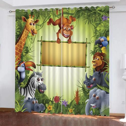 GIOVIA 3D Zoo Gardinen Abdunkelnde Süße Tiere Kindervorhänge Vorhang mit ösen 2er Set Vorhänge Blickdicht Verdunkelungs für Kinderzimmer Schlafzimmer Wohnzimmer B 140 X H 160 cm
