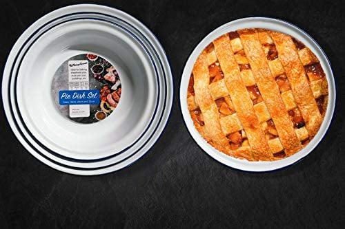 Vintage Gourmet ® Premium White Enamelware with Blue Rim, Oblong, Round Pie Dish Sets, Mugs, Iconic Retro Camping Tea/Coffee Mugs (Set of 3 Round Pie Dish 18,20,22cm)
