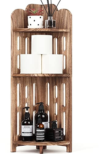 Meangood Eckregal für Badezimmer, 3 Etagen, Massivholz, Regal für schmale Räume, Duscheckregal, Pflanzenständer, Nachttisch, für Wohnzimmer, Schlafzimmer, Heimbüro, elegantes karbonisiertes Schwarz