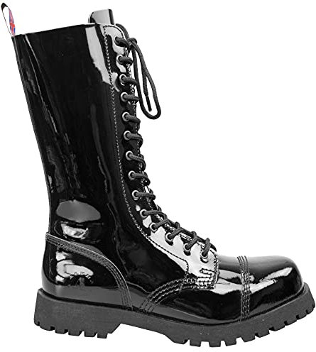 Alpha Rangers 14-loch Boot Festival Army Gothic Leder Springerstiefel Stahlkappe Schwarz Lack 5030 UK 9 / EU 43