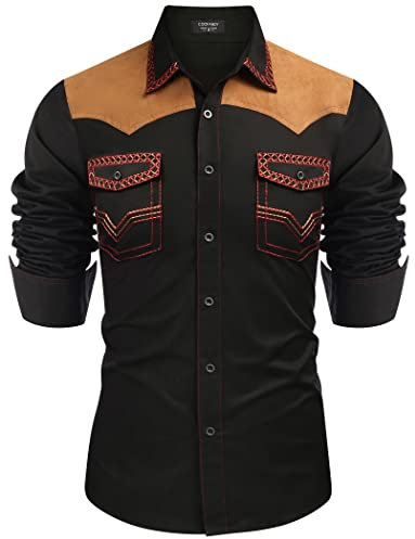 COOFANDY Men's Western Cowboy Shirt Embroidered Long Sleeve Slim Fit Casual Button Down Hippie Shirts with Pockets, Black, XL