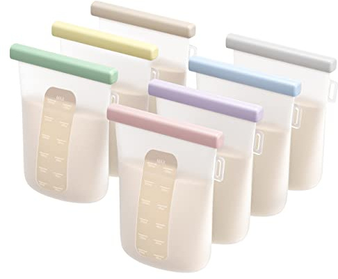 Nuliie 7 Pcs Silicone Breastmilk Storage Bags, 12oz/360ml Double Leak-Proof, BPA Free, Reusable, One-Piece Silicone Construction, Clear, Self Seal, Stand Up, Freezer Safe, Portable, Microwaveable