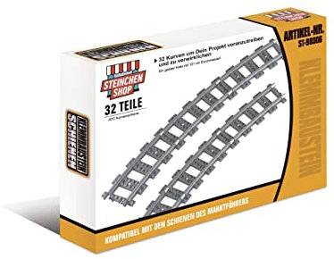 Steinchenshop Schienen Set R72 Kurven – 32 Teile für Eisenbahn & City Bauwelten – Kreis mit 121 cm Durchmesser – kompatibel mit gängigen Bausteinsystemen – je 12,7 x 6,7cm – als Zubehör & Geschenkset
