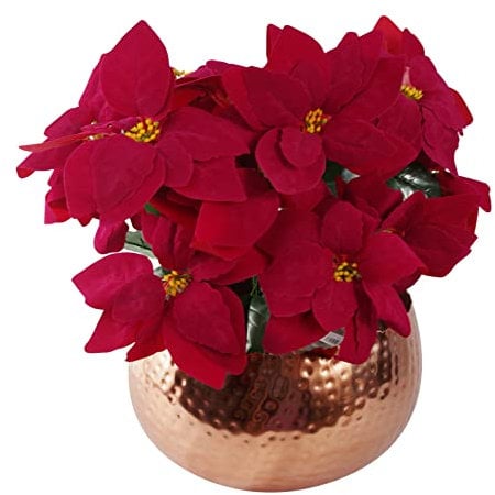 Leaf Artificial Christmas Xmas Red Poinsettia 40cm Houseplant in Pot, Silk, Large Copper Curved Edge
