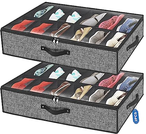 VERONLY Organizador de Zapatos bajo la Cama 2 Unidades - Organizador Zapatos Caja con Tapa Transparente y Cremallera, Almacén 24 Pares (Negro, 74x60x15 cm)