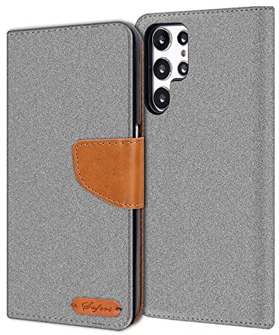 Verco kompatibel mit Samsung Galaxy S23 Ultra Hülle, Schutzhülle für Samsung S23 Ultra 5G Tasche Denim Textil Book Case Flip Case Klapphülle, Grau