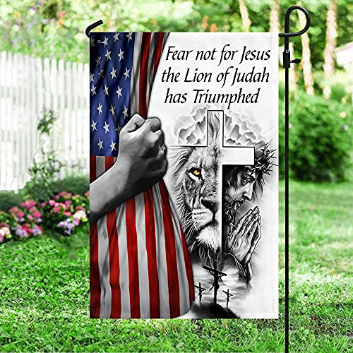 Bandera de jardín con cruz de Jesús, león de Judá ha triunfado, bandera de temporada de poliéster, divertida pancarta para interiores de 32 x 48 cm