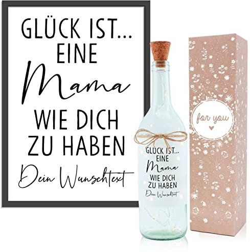 OWLBOOK Glück ist Mama Geschenkset Flaschenlicht und Bild Geschenke für Mama Muttertagsgeschenke Geburtstagsgeschenk Weihnachtsgeschenke für Mama Geschenk Geburtstag Muttertag Weihnachten Deko