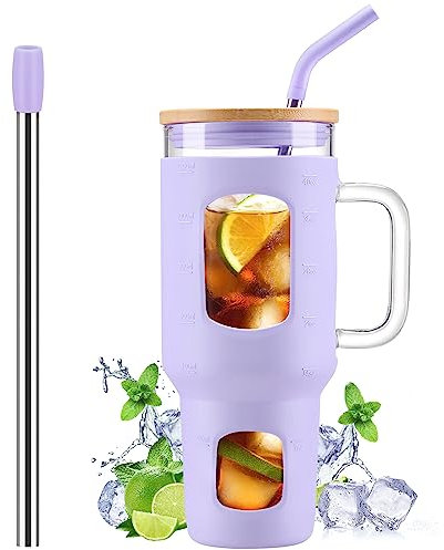 WINSA Gobelet en verre avec paille et couvercle, tasse en verre de 1,1 l avec poignée, bouteilles d'eau en verre avec marqueur de temps, deux pailles, paille Boba et paille de protection, violet