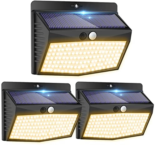 Peasur Luz Solar Exterior【3 Paquete/138 LED/3 Modos】 Luces Solares LED Blanco Cálido IP65 Impermeable Focos Para Jardín, Farolas Potente Para Patio, Garaje