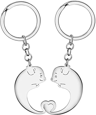 RAIDIN Valentinstag Geschenke für ihn ihr süße Nutztier Schwein 2pcs Paar Schlüsselanhänger Schweinchen Schlüsselring für Freund Freundin (Silber-197 Schwein A)