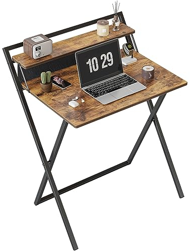 CubiCubi Kleiner klappbarer Schreibtisch, 60 cm klappbarer Computertisch mit Regal und Aufbewahrungstasche, kein Zusammenbau erforderlich, Home Office, Kleiner Arbeitstisch, Braun