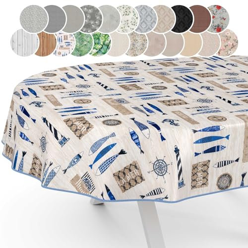 Stoff Tischdecke Tischwäsche Textil Tischtuch Baumwolle Polyester Gewebe abwaschbar pflegeleicht, in rund oval eckig Maritim Oval 180x140cm mit Saum (Eingefasst)