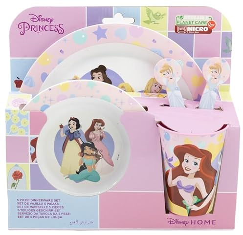 Microwave Safe 5pcs Character Animation 2023 Cartoon Dinner Tableware Set Plate, Bowl, Cup, Fork, Spoon BPA Free re-usable Plastic (Princess)