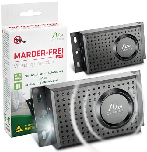 GARDIGO® Marder-Frei Dual - 2er Set | Marderschreck Auto | 25 Jahre Erfahrung mit Marderabwehr für KFZ Haus Garage | Ultraschall und Blitzlicht | Anschluss an 12V Autobatterie oder Batteriebetrieb