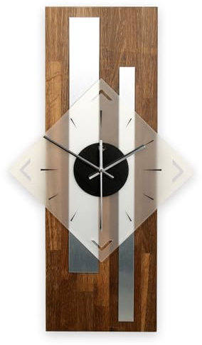 Kreative Feder Moderne Designer Holz Alu Funk Wanduhr leise Funkuhr ohne Ticken 60x30cm WEH001 (leises Quarzuhrwerk, Eiche geräuchert)