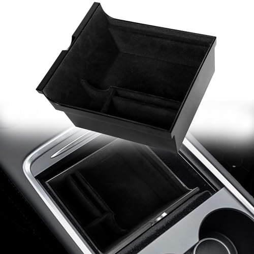 Jiusely Tesla Model Y Model 3 Center Console Organizer, Car Interior Flocked Armrest Hidden Cubby Drawer, Flocking Storage Box Tray for Coin Card Sunglasses Holder