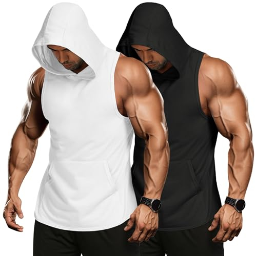 COOFANDY Herren Tank Top Muskelshirts Fitness Shirts Ärmelloser Hoodie Workout Sport Fitness Unterhemden Kapuzenpullover mit Handytaschen Schwarz/Weiss(2 Stück) XXL