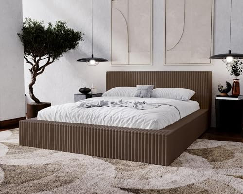 Emporius Doppelbett 140x200 Buffy - Polsterbett mit Dicker Schaum, Lattenrost, Bettkasten - Schlafzimmerbett 140x200, Design Bett (Braun - Vito 45)