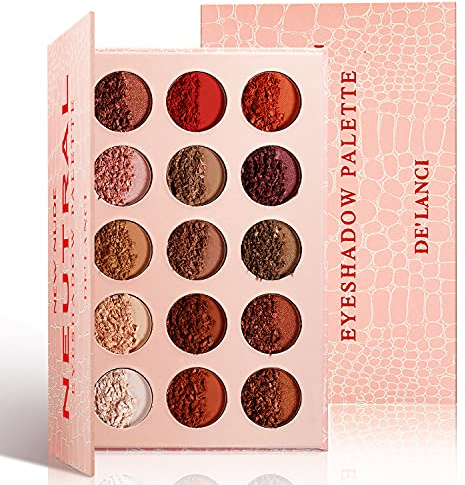 Neutral Nude Lidschatten Palette Roségold Smokey Rot Braun Hochpigmentierte Matte Schimmer Metallic 15 Farben Lidschatten Palette mit DE'LANCI Professionelle Warme Natürliche Bronze Ton