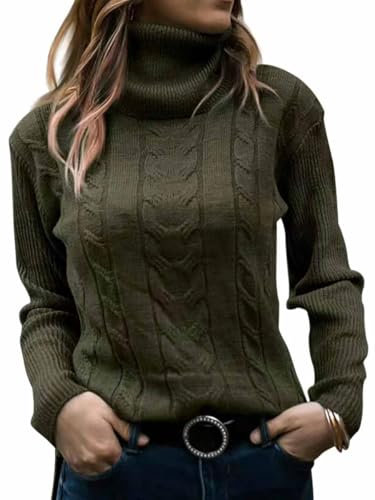 Joligiao Jumper for Women UK Turtleneck Sweaters Tops Cable Knit Long Sleeve Pullover Knitted Warm Chunky Jumper(Army Green,M)