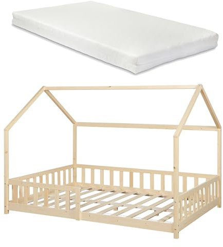 [en.casa] Letto Piazza e Mezza per Cameretta con Materasso a Schiuma Fredda 120 x 200 cm Letto a Casetta con Sbarre per Bambini Struttura in Legno di Pino - Naturale